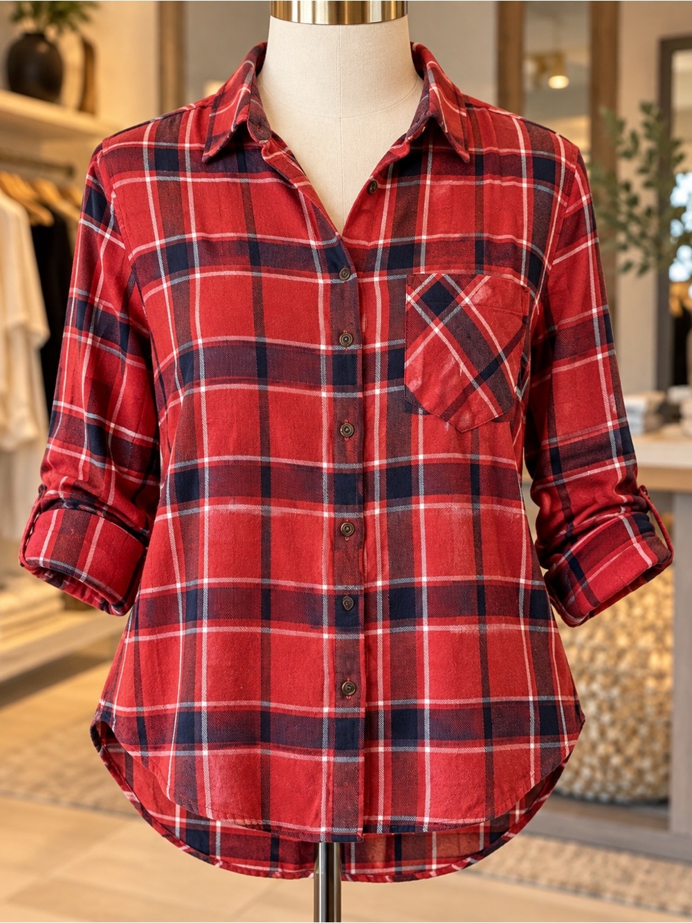 Pink Rose Red Plaid Flannel Button Down Shirt Small Oversized Boyfriend